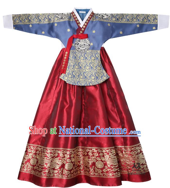 Asian Korean National Handmade Wedding Clothing Palace Bride Hanbok Costume Embroidered Blue Blouse and Red Dress for Women