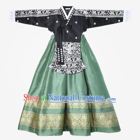 Asian Korean National Handmade Wedding Clothing Palace Bride Hanbok Costume Embroidered Black Blouse and Green Dress for Women