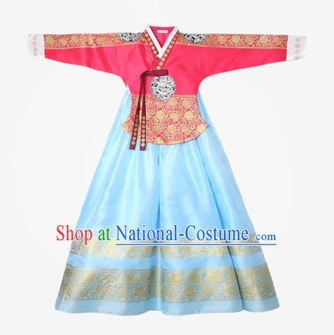 Top Grade Korean National Handmade Wedding Clothing Palace Bride Hanbok Costume Embroidered Red Blouse and Blue Dress for Women