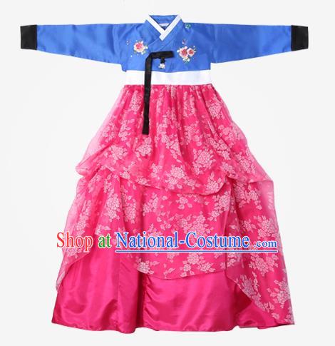 Top Grade Korean National Handmade Wedding Clothing Palace Bride Hanbok Costume Embroidered Blue Blouse and Rosy Dress for Women