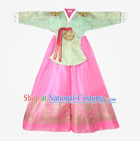 Top Grade Korean National Handmade Wedding Clothing Palace Bride Hanbok Costume Embroidered Green Blouse and Pink Dress for Women