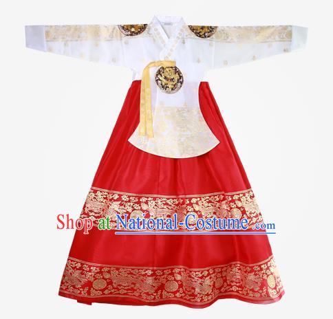 Top Grade Korean National Handmade Wedding Clothing Palace Bride Hanbok Costume Embroidered White Blouse and Red Dress for Women