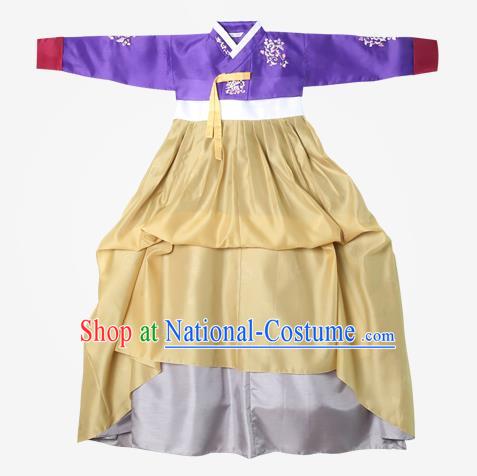 Top Grade Korean National Handmade Wedding Clothing Palace Bride Hanbok Costume Embroidered Purple Blouse and Yellow Dress for Women