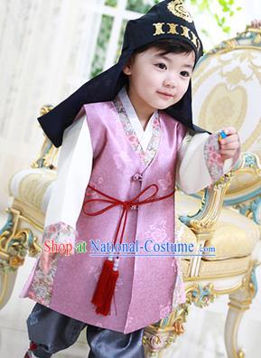 Asian Korean National Traditional Handmade Formal Occasions Boys Embroidery Pink Vest Hanbok Costume Complete Set for Kids