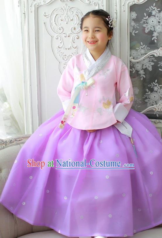 Korean National Handmade Formal Occasions Girls Clothing Palace Hanbok Costume Embroidered Pink Blouse and Purple Dress for Kids