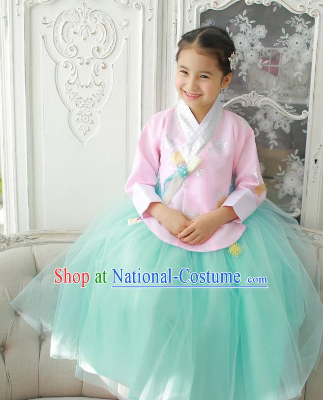 Korean National Handmade Formal Occasions Girls Clothing Palace Hanbok Costume Embroidered Pink Blouse and Green Dress for Kids