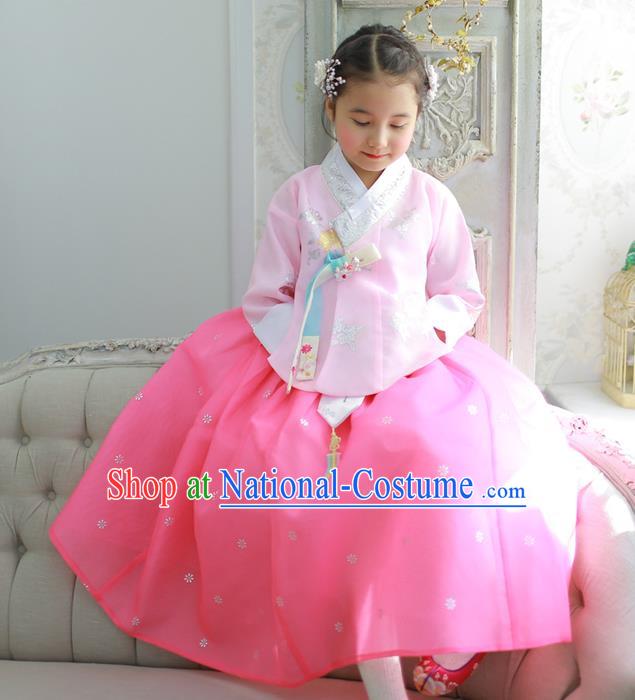 Korean National Handmade Formal Occasions Girls Clothing Palace Hanbok Costume Embroidered Pink Blouse and Dress for Kids