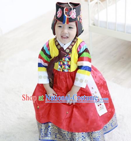 Korean National Handmade Formal Occasions Girls Clothing Palace Hanbok Costume Embroidered Yellow Blouse and Red Dress for Kids