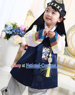 Asian Korean National Traditional Handmade Formal Occasions Boys Embroidery Navy Vest Hanbok Costume Complete Set for Kids