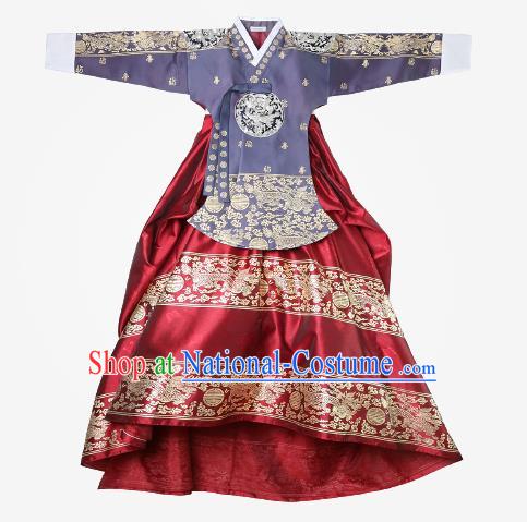 Top Grade Korean National Handmade Wedding Clothing Palace Bride Hanbok Costume Embroidered Purple Blouse and Red Dress for Women