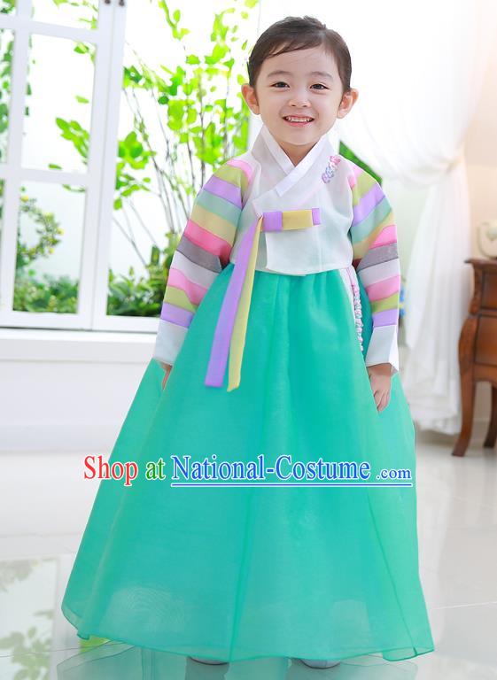 Korean National Handmade Formal Occasions Girls Clothing Palace Hanbok Costume Embroidered White Blouse and Green Dress for Kids