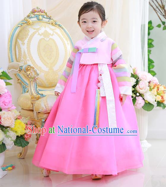 Korean National Handmade Formal Occasions Girls Clothing Palace Hanbok Costume Embroidered Pink Blouse and Dress for Kids