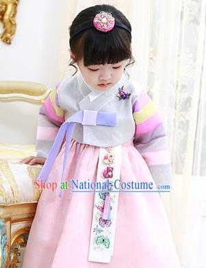 Korean National Handmade Formal Occasions Girls Clothing Palace Hanbok Costume Embroidered Grey Blouse and Pink Dress for Kids