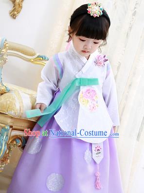 Korean National Handmade Formal Occasions Girls Clothing Palace Hanbok Costume Embroidered White Lace Blouse and Purple Dress for Kids