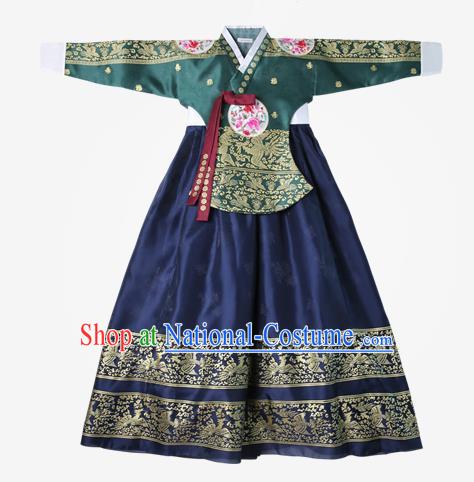 Top Grade Korean National Handmade Wedding Clothing Palace Bride Hanbok Costume Embroidered Green Blouse and Navy Dress for Women