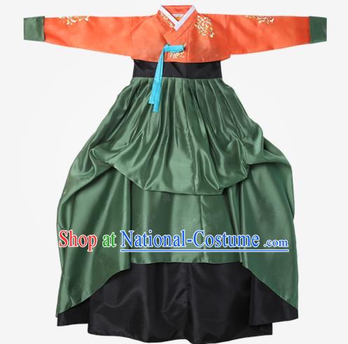 Top Grade Korean National Handmade Wedding Clothing Palace Bride Hanbok Costume Embroidered Orange Blouse and Green Dress for Women