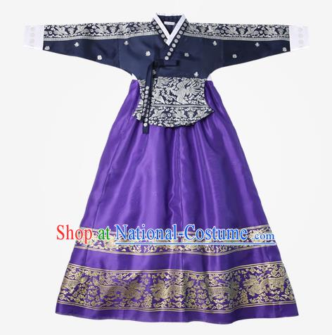 Top Grade Korean National Handmade Wedding Clothing Palace Bride Hanbok Costume Embroidered Navy Blouse and Purple Dress for Women