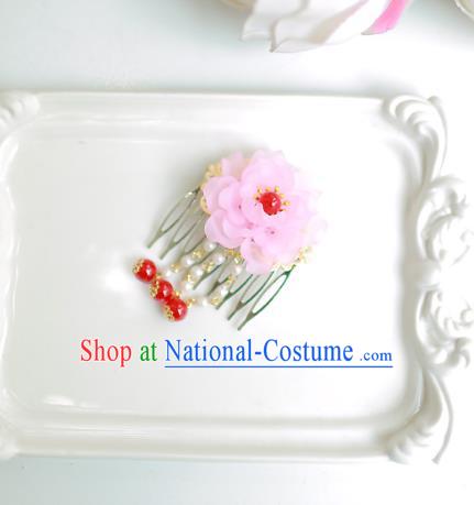 Korean National Hair Accessories Wedding Pink Flower Hair Comb, Asian Korean Hanbok Hair Stick Headwear for Kids