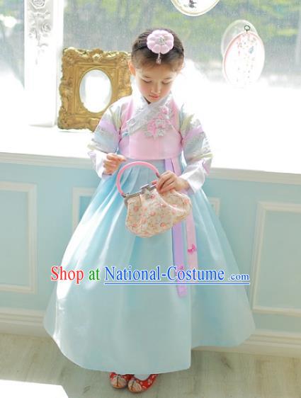 Korean National Handmade Formal Occasions Girls Clothing Palace Hanbok Costume Embroidered Pink Blouse and Blue Dress for Kids