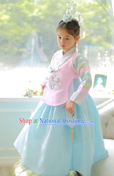 Korean National Handmade Formal Occasions Girls Clothing Palace Hanbok Costume Embroidered Pink Blouse and Blue Dress for Kids