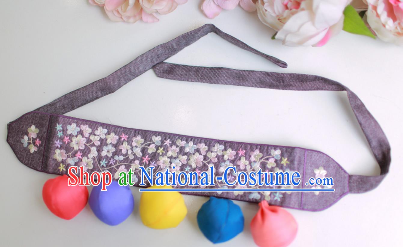 Traditional Korean Accessories Embroidered Flowers Purple Waist Belts, Asian Korean Fashion Waistband Decorations for Kids