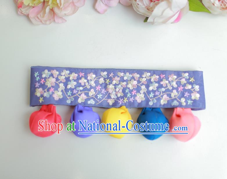 Traditional Korean Accessories Embroidered Flowers Blue Waist Belts, Asian Korean Fashion Waistband Decorations for Kids