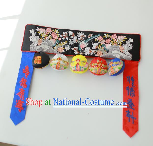 Traditional Korean Accessories Embroidered Birds Flowers Black Waist Belts, Asian Korean Fashion Waistband Decorations for Kids