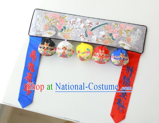 Traditional Korean Accessories Embroidered Birds Flowers Grey Waist Belts, Asian Korean Fashion Waistband Decorations for Kids