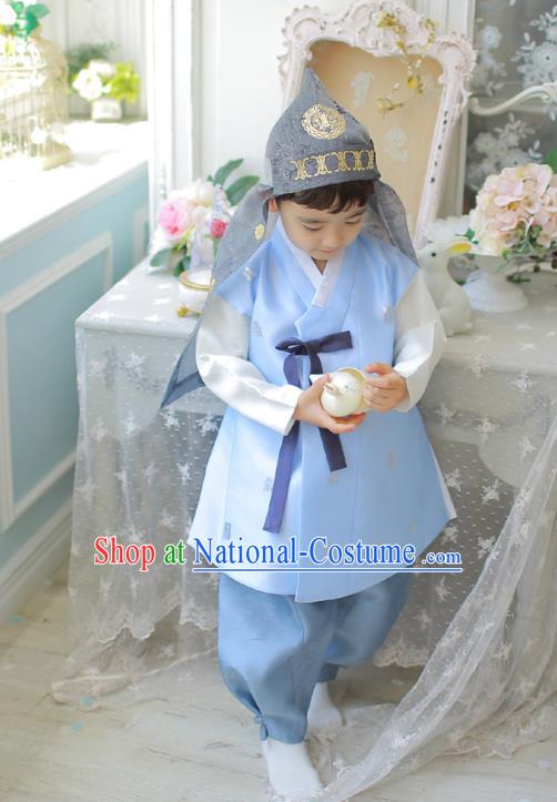 Asian Korean National Traditional Handmade Formal Occasions Boys Embroidery Blue Vest Hanbok Costume Complete Set for Kids