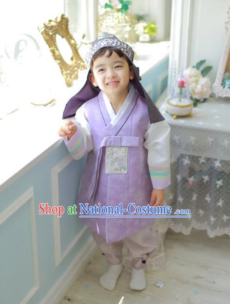 Asian Korean National Traditional Handmade Formal Occasions Boys Embroidery Purple Vest Hanbok Costume Complete Set for Kids