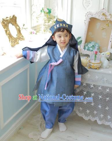 Asian Korean National Traditional Handmade Formal Occasions Boys Embroidery Deep Blue Vest Hanbok Costume Complete Set for Kids