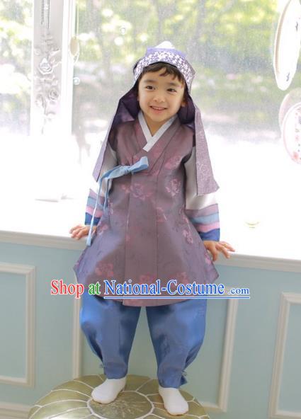 Asian Korean National Traditional Handmade Formal Occasions Boys Embroidery Purple Vest Hanbok Costume Complete Set for Kids