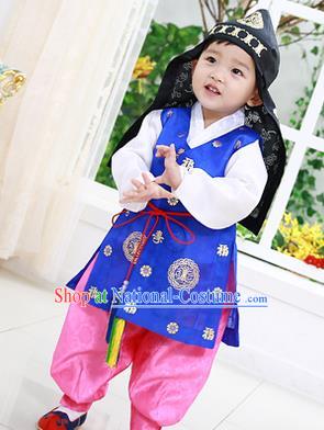 Asian Korean National Traditional Handmade Formal Occasions Boys Embroidery Blue Vest Hanbok Costume Complete Set for Kids