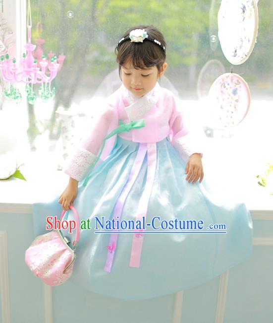 Korean National Handmade Formal Occasions Girls Clothing Palace Hanbok Costume Embroidered Pink Blouse and Blue Dress for Kids