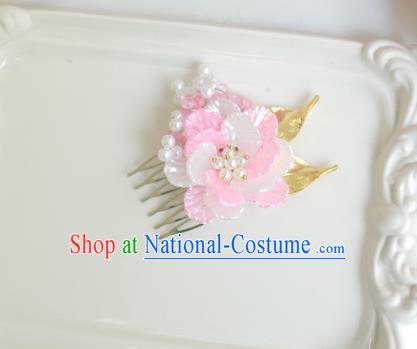 Korean National Hair Accessories Wedding Pink Flower Hair Comb, Asian Korean Hanbok Hair Stick Headwear for Kids