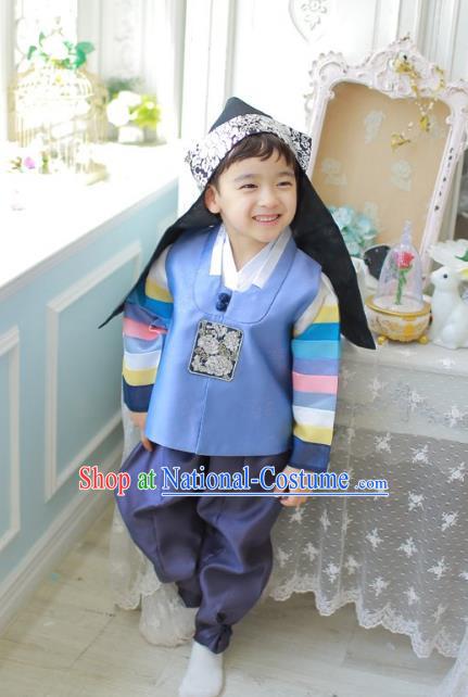 Asian Korean National Traditional Handmade Formal Occasions Boys Embroidery Blue Vest Hanbok Costume Complete Set for Kids