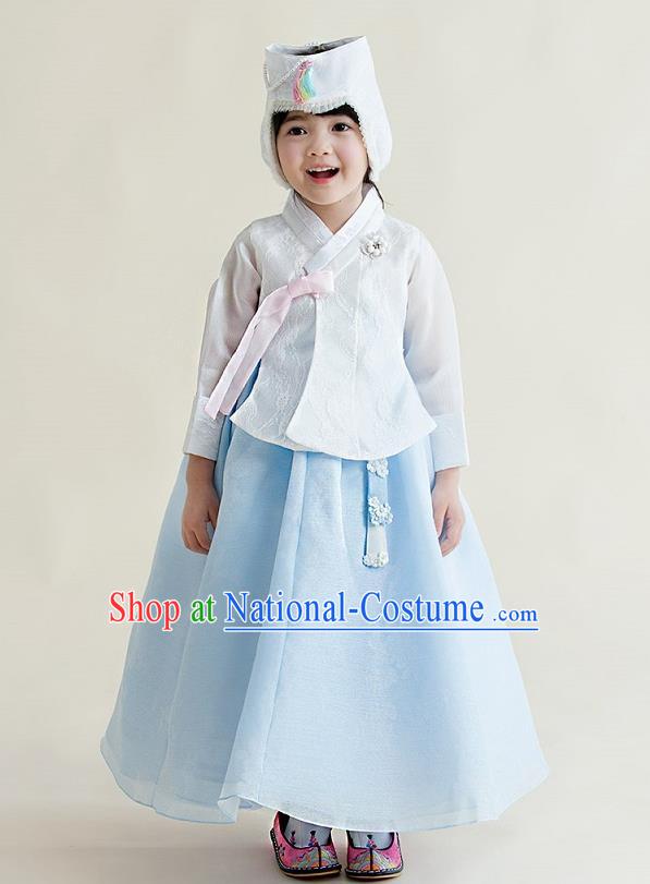 Korean National Handmade Formal Occasions Girls Clothing Palace Hanbok Costume Embroidered White Blouse and Blue Dress for Kids