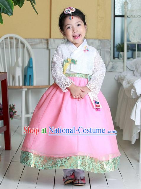 Korean National Handmade Formal Occasions Girls Clothing Palace Hanbok Costume Embroidered White Lace Blouse and Pink Dress for Kids