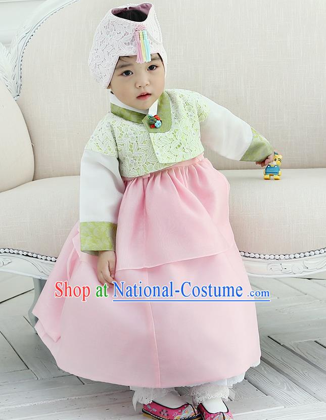 Korean National Handmade Formal Occasions Girls Clothing Palace Hanbok Costume Embroidered Green Lace Blouse and Pink Dress for Kids