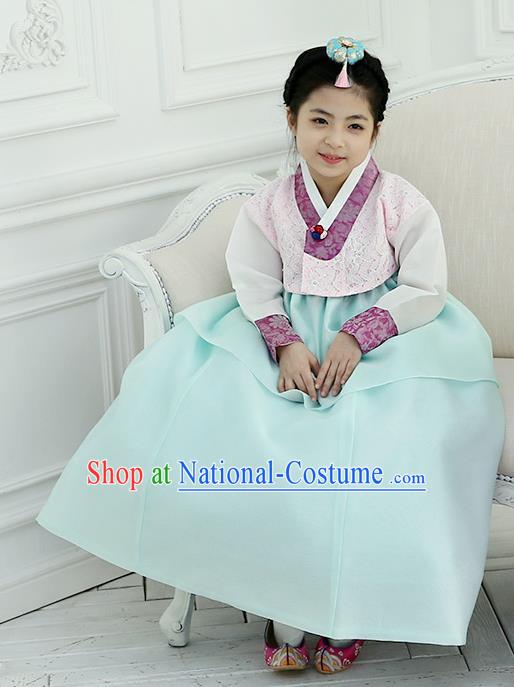 Korean National Handmade Formal Occasions Girls Clothing Palace Hanbok Costume Embroidered Pink Lace Blouse and Green Dress for Kids