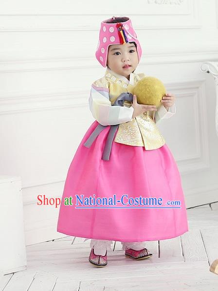 Korean National Handmade Formal Occasions Girls Clothing Palace Hanbok Costume Embroidered Yellow Blouse and Pink Dress for Kids