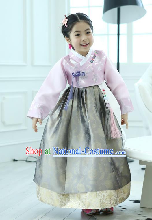 Korean National Handmade Formal Occasions Girls Clothing Palace Hanbok Costume Embroidered Pink Blouse and Grey Dress for Kids