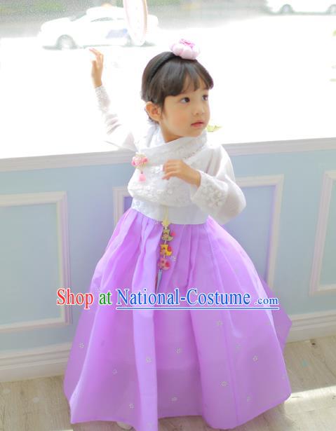 Korean National Handmade Formal Occasions Girls Clothing Palace Hanbok Costume Embroidered White Blouse and Purple Dress for Kids