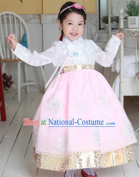 Korean National Handmade Formal Occasions Girls Clothing Palace Hanbok Costume Embroidered White Blouse and Pink Dress for Kids