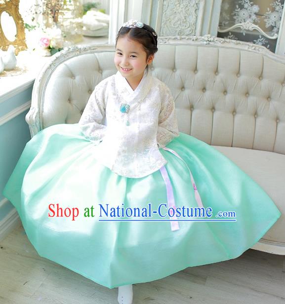 Korean National Handmade Formal Occasions Girls Clothing Palace Hanbok Costume Embroidered White Lace Blouse and Green Dress for Kids