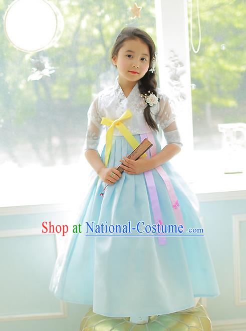 Korean National Handmade Formal Occasions Girls Clothing Palace Hanbok Costume Embroidered White Lace Blouse and Blue Dress for Kids