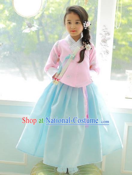 Korean National Handmade Formal Occasions Girls Clothing Palace Hanbok Costume Embroidered Pink Blouse and Blue Dress for Kids