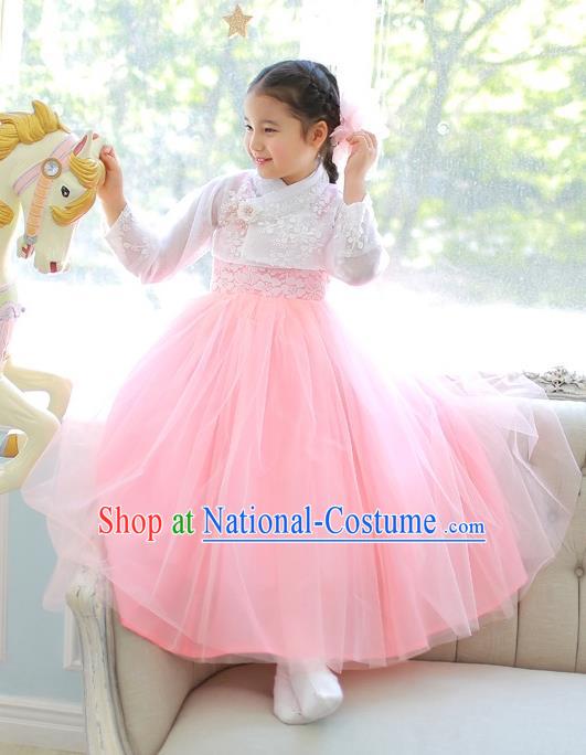 Korean National Handmade Formal Occasions Girls Clothing Palace Hanbok Costume Embroidered White Lace Blouse and Pink Dress for Kids