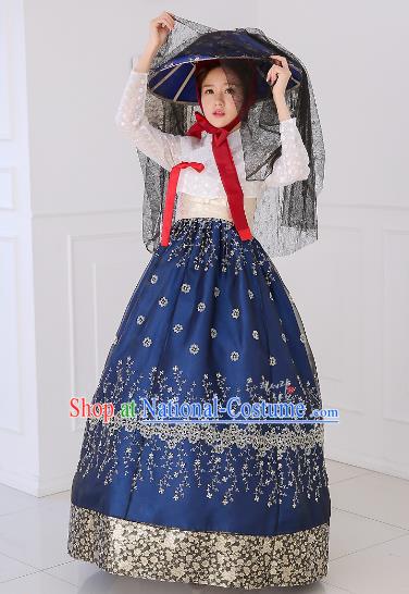 Top Grade Korean National Handmade Wedding Clothing Palace Bride Hanbok Costume Embroidered White Blouse and Blue Dress for Women