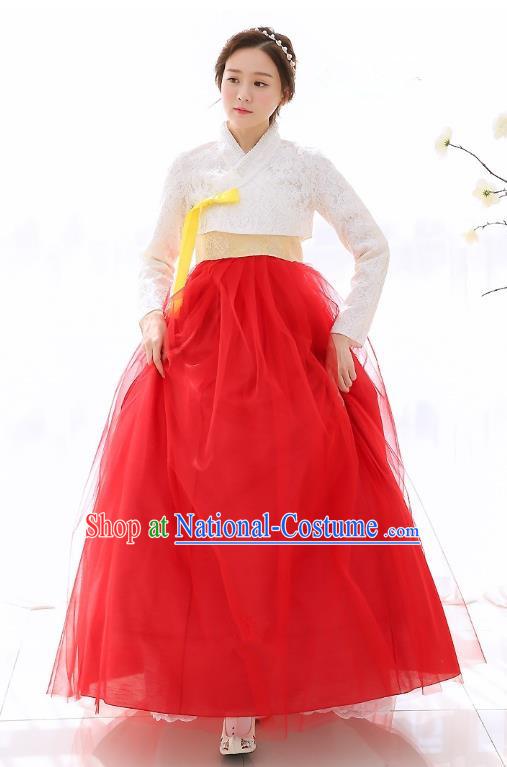 Top Grade Korean National Handmade Wedding Clothing Palace Bride Hanbok Costume Embroidered White Blouse and Red Dress for Women